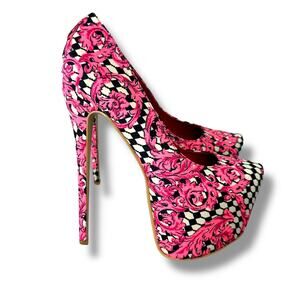 REDKISS Heart Breaker Fuchsia Floral Motifs Harlequin Stiletto Platform Heels